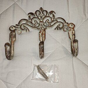 Painted  Ornate  Farmhouse Cottage Cast Iron  3 Prong  Wall Hook